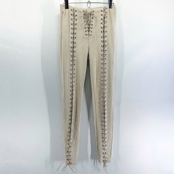 Maniere De Voir Pants - Manière De Voir Beige Faux Suede Lace Up Front Eyelet High Rise Leggings Pants
